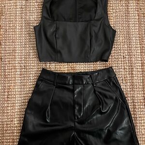 SOLD 7 For All Mankind Black Faux Leather Crop Top and Shorts Set